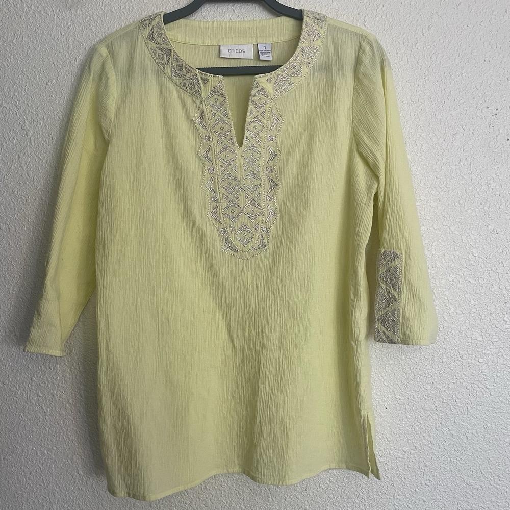 Chicos 3/4 Sleeve Embroidered Shirt Size 1 Medium Butter yellow